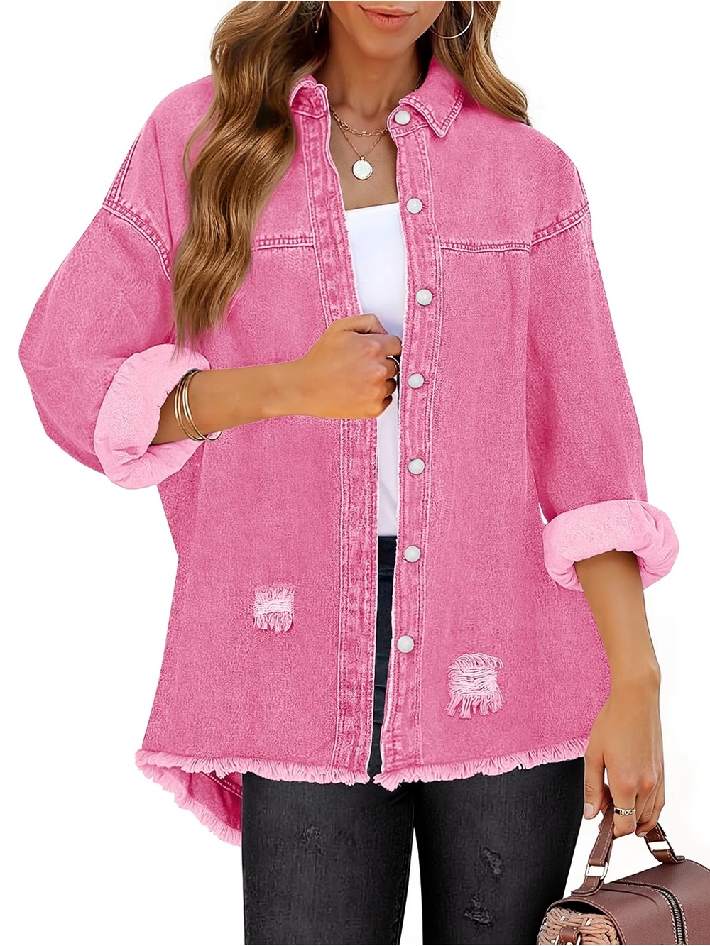 🆕 Boho Oversized Distressed Frayed Hem Denim Button Up Shirt Jacket Shacket - Picture 4 of 11